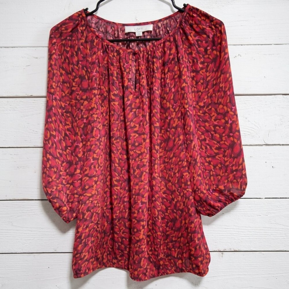 Loft Small Red Orange Abstract Print Keyhole Neck  3/4 Sleeve Blouse